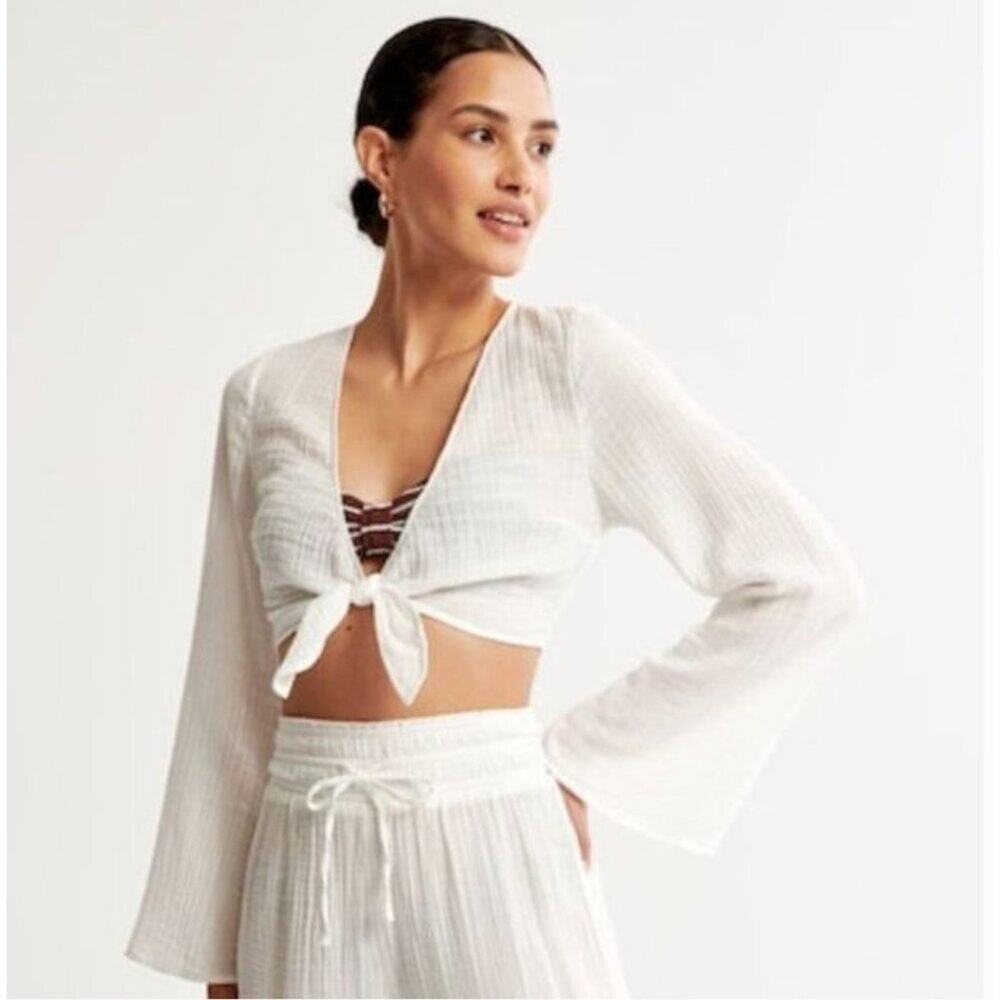 abercrombie & fitch white Cotton Drawstring Pants & Tie Front Top Beach Pool Cov